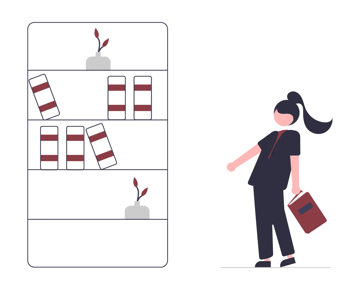 Illustration of bookshelves and a person carrying a book